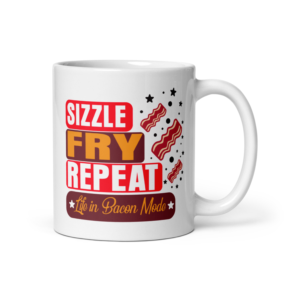 "Sizzle, Fry, Repeat" White glossy mug