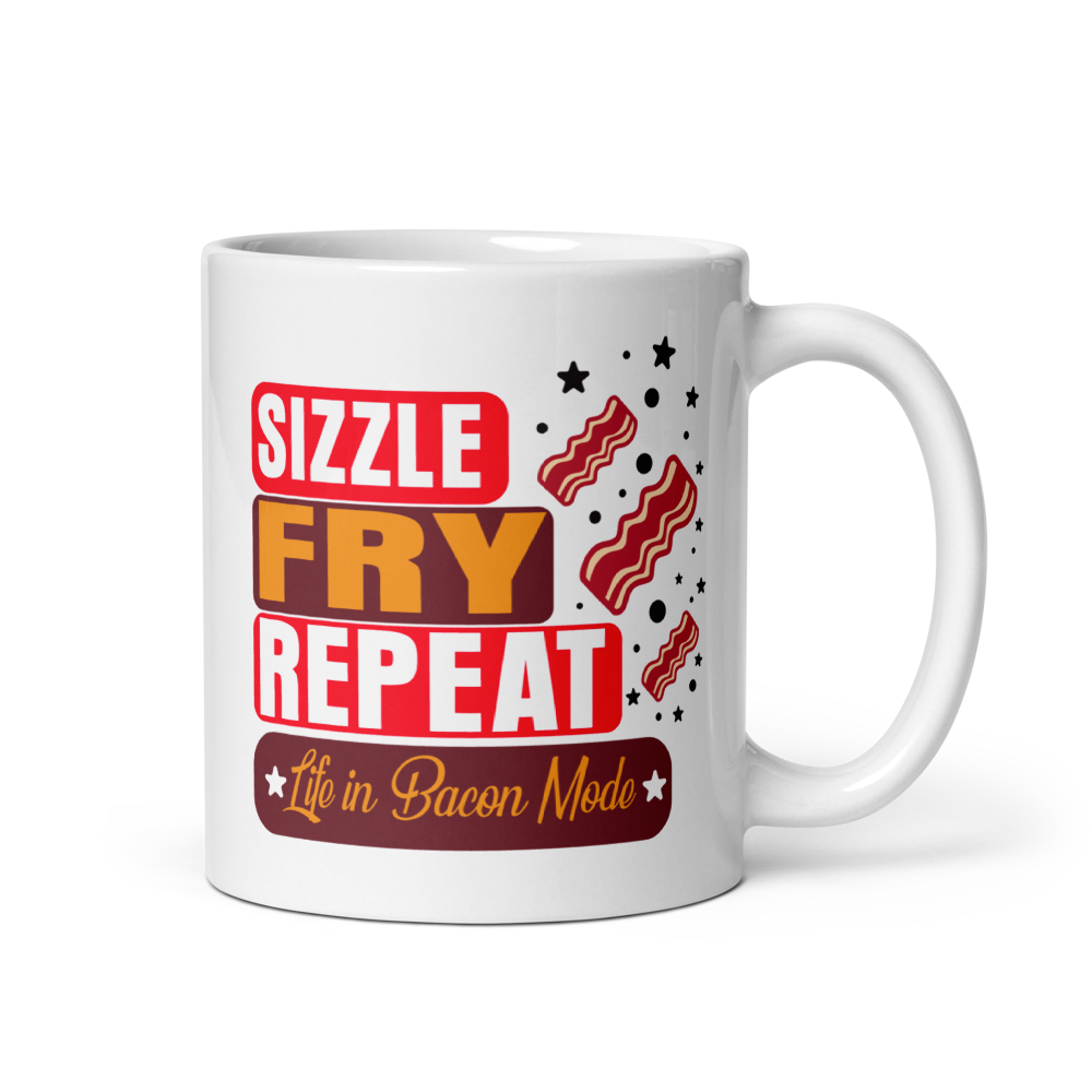 "Sizzle, Fry, Repeat"  白・グロッシー・マグカップ